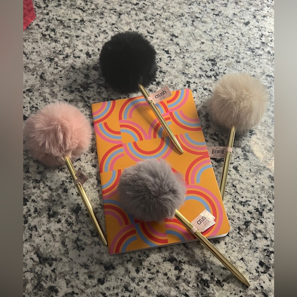 Crush Fuzzy Pom Pom Pens - Pink, Gray, Black